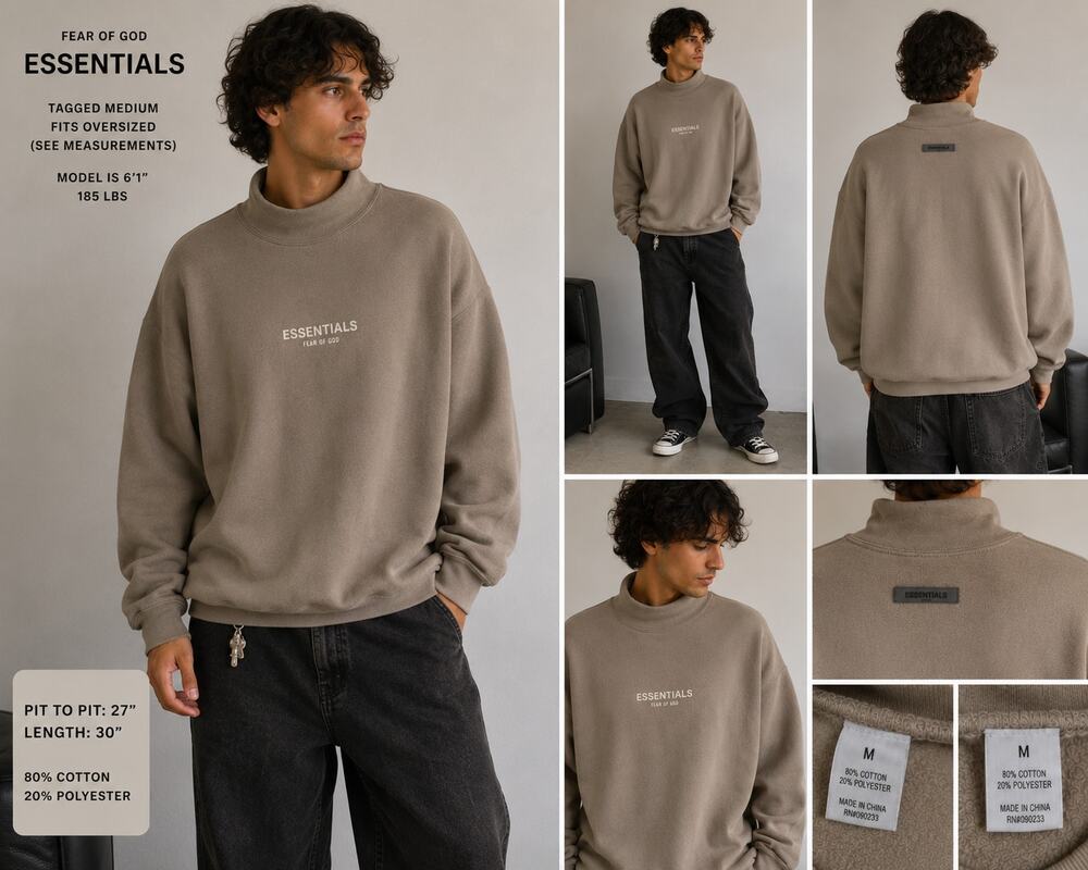 Fear of God Essentials Mock Neck Sweatshirt Taupe Oversized Fleece Pullover M